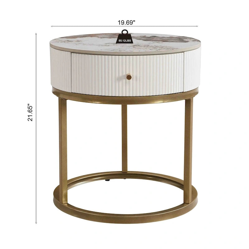 Table d'appoint ronde en marbre de 50 cm avec rangement, table de chevet moderne avec tiroir, table d'appoint pour salon et chambre