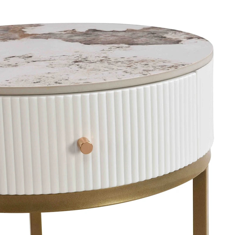 Table d'appoint ronde en marbre de 50 cm avec rangement, table de chevet moderne avec tiroir, table d'appoint pour salon et chambre