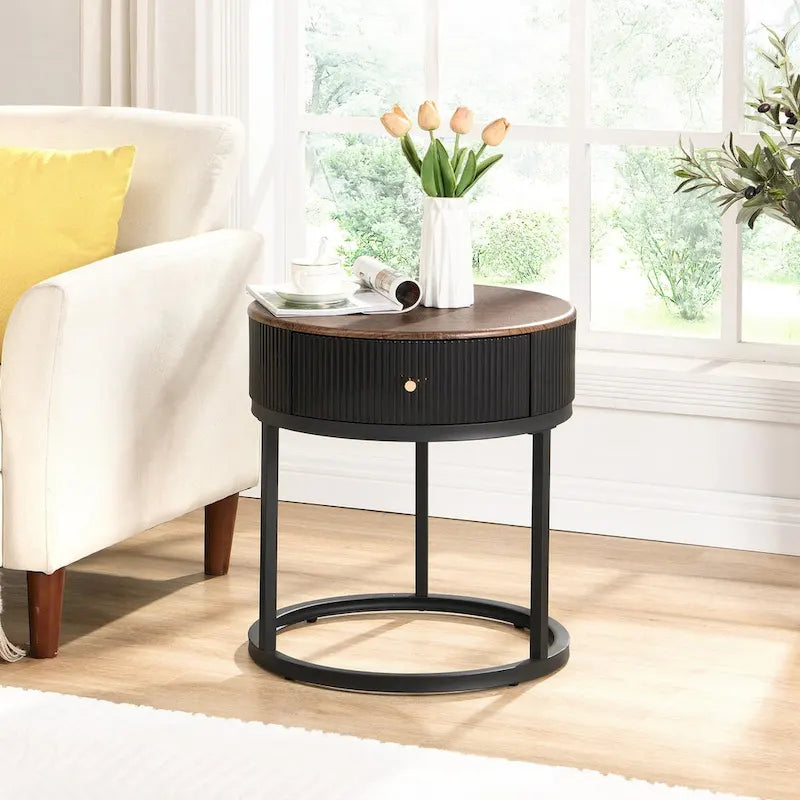 Table d'appoint ronde en marbre de 50 cm avec rangement, table de chevet moderne avec tiroir, table d'appoint pour salon et chambre