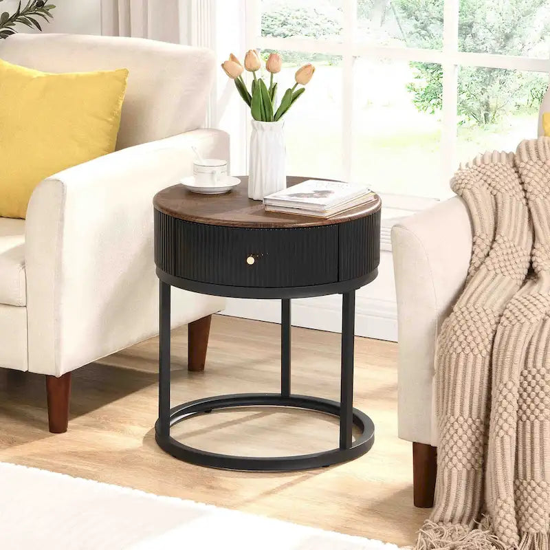 Table d'appoint ronde en marbre de 50 cm avec rangement, table de chevet moderne avec tiroir, table d'appoint pour salon et chambre