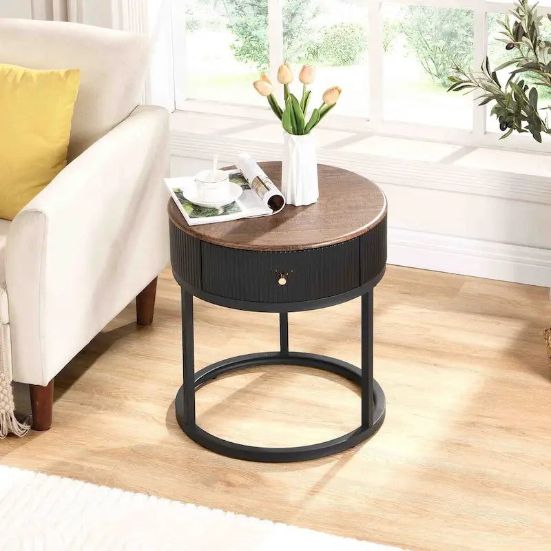 Table d'appoint ronde en marbre de 50 cm avec rangement, table de chevet moderne avec tiroir, table d'appoint pour salon et chambre