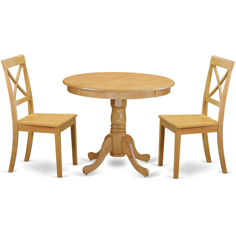 East West Furniture – Ensemble de 3 pièces de salle à manger moderne – Une table de cuisine ronde avec piédestal et 2 chaises de salle à manger, chêne