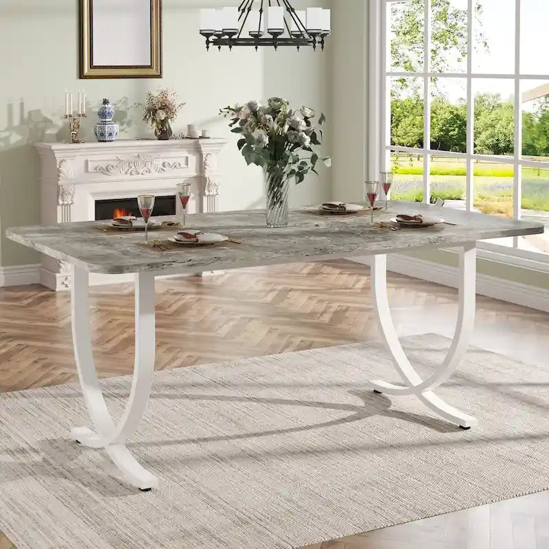 Table de salle à manger rectangulaire pour 4 à 6 personnes, table de cuisine de 160 cm avec finition aspect marbre