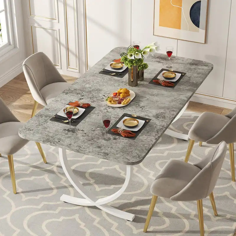 Table de salle à manger rectangulaire pour 4 à 6 personnes, table de cuisine de 160 cm avec finition aspect marbre