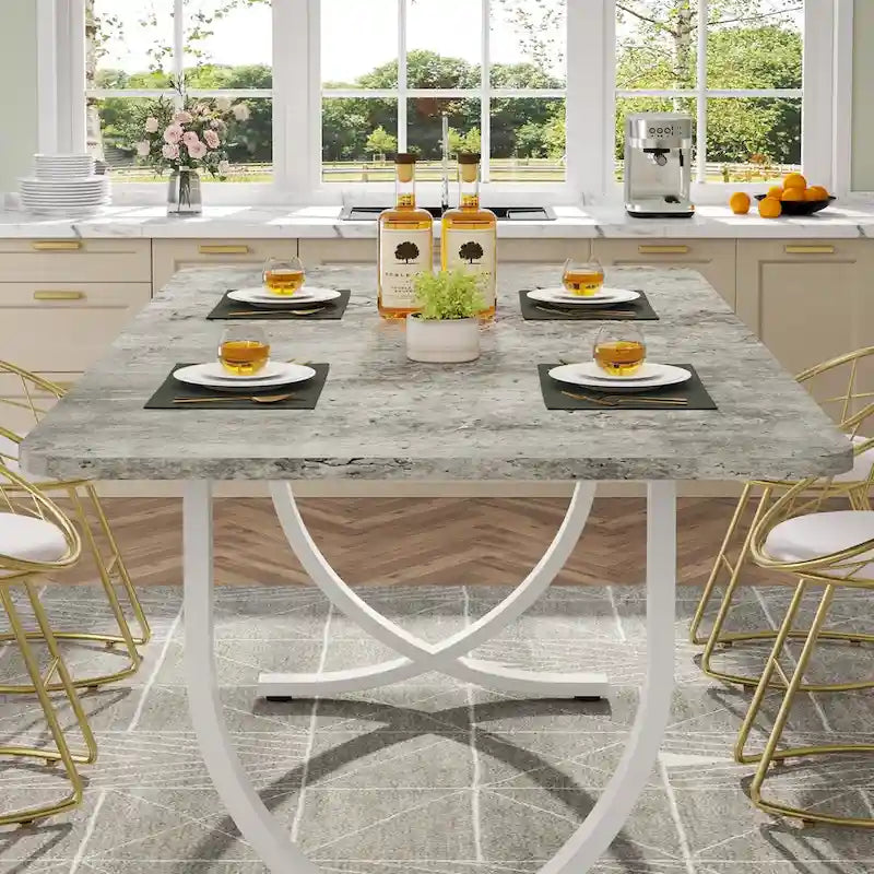 Table de salle à manger rectangulaire pour 4 à 6 personnes, table de cuisine de 160 cm avec finition aspect marbre