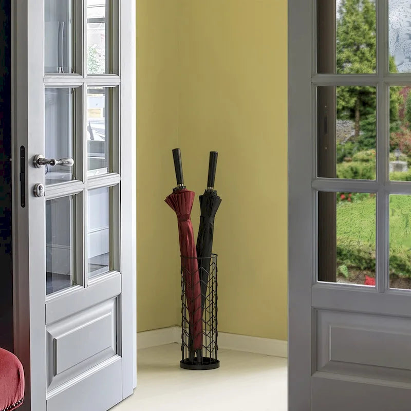 Porte-parapluie rond noir à design horizontal pour l'intérieur et l'extérieur avec bac de récupération d'eau