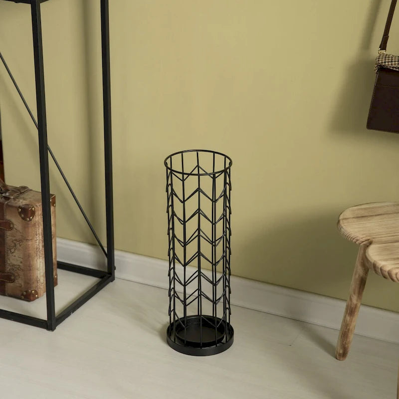 Porte-parapluie rond noir à design horizontal pour l'intérieur et l'extérieur avec bac de récupération d'eau