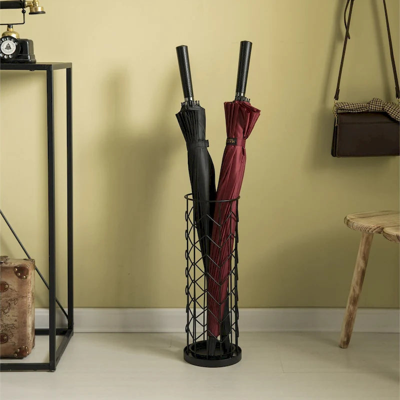 Porte-parapluie rond noir à design horizontal pour l'intérieur et l'extérieur avec bac de récupération d'eau