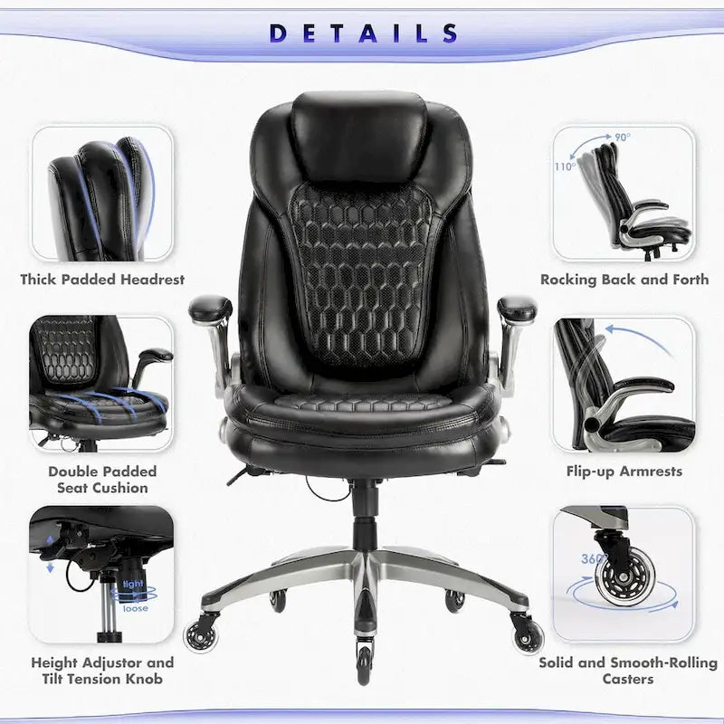 Chaise de bureau ergonomique pivotante et roulante avec accoudoirs rembourrés relevables, inclinaison réglable verrouillable pour travail et étude des adultes