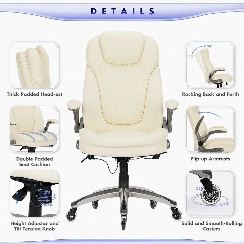 Chaise de bureau ergonomique pivotante et roulante avec accoudoirs rembourrés relevables, inclinaison réglable verrouillable pour travail et étude des adultes