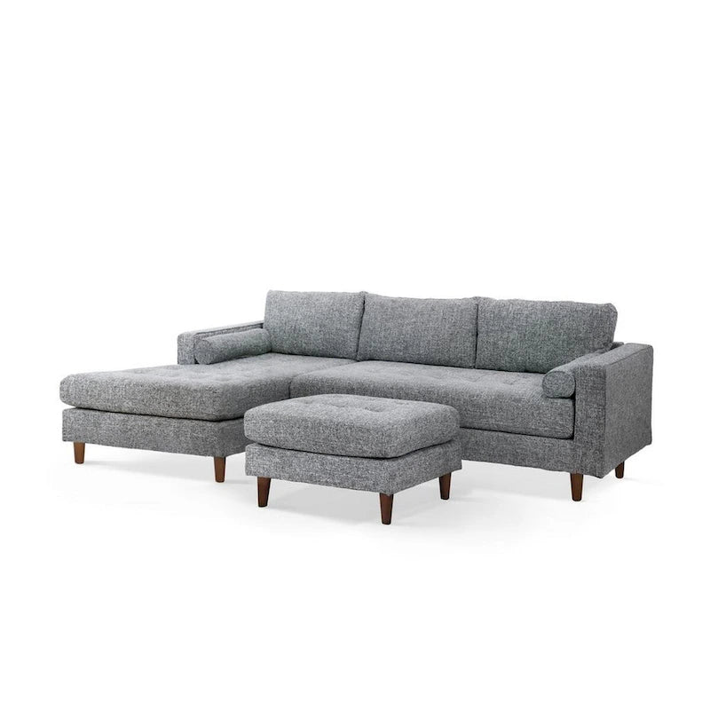 Canapé d'angle Ryle 264 cm avec méridienne et pouf, 2 coussins, tissu gris tissé