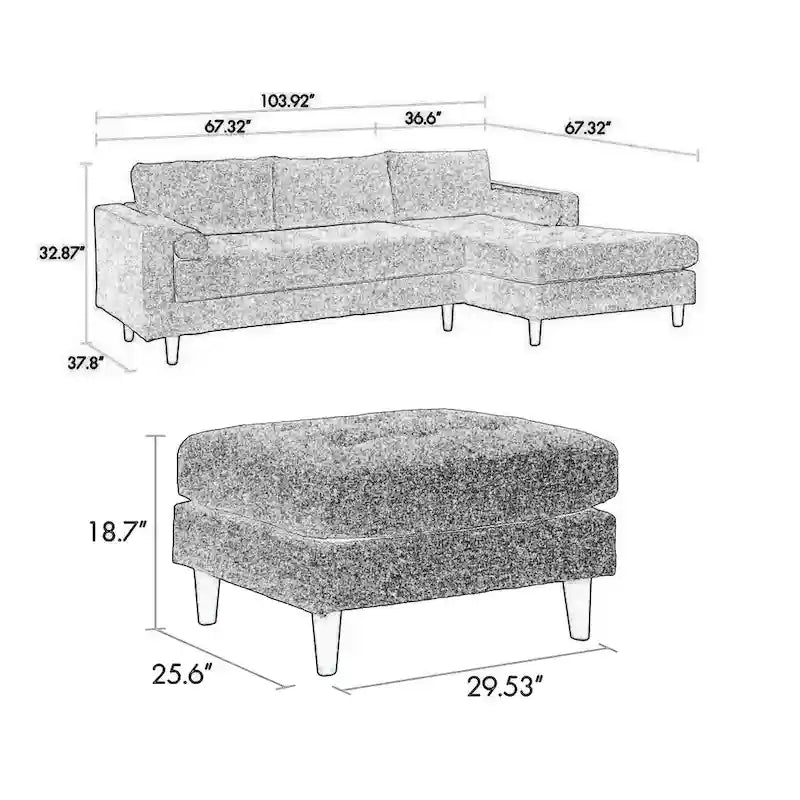 Canapé d'angle Ryle 264 cm avec méridienne et pouf, 2 coussins, tissu gris tissé