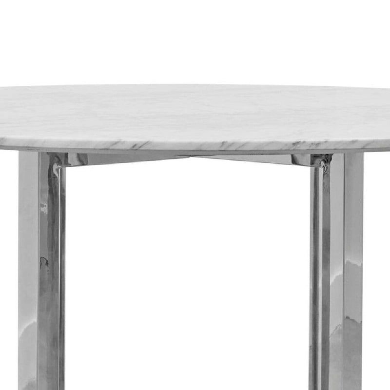 Table à manger ronde Eun de 48 pouces avec plateau en marbre, piètement croisé, chrome