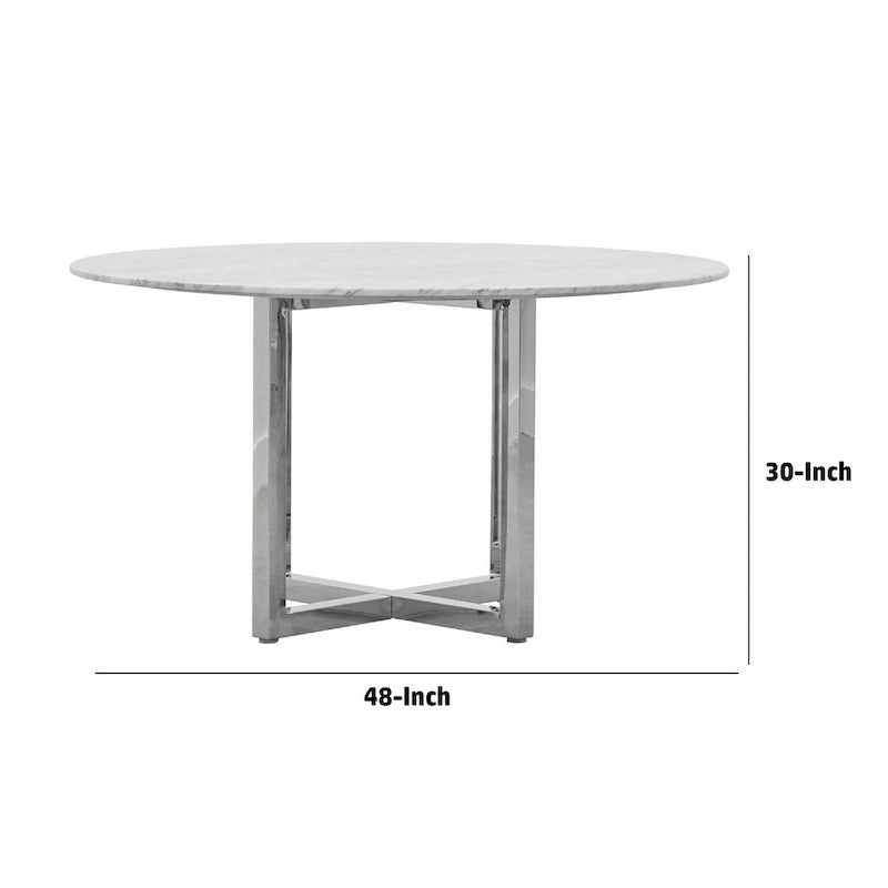 Table à manger ronde Eun de 48 pouces avec plateau en marbre, piètement croisé, chrome