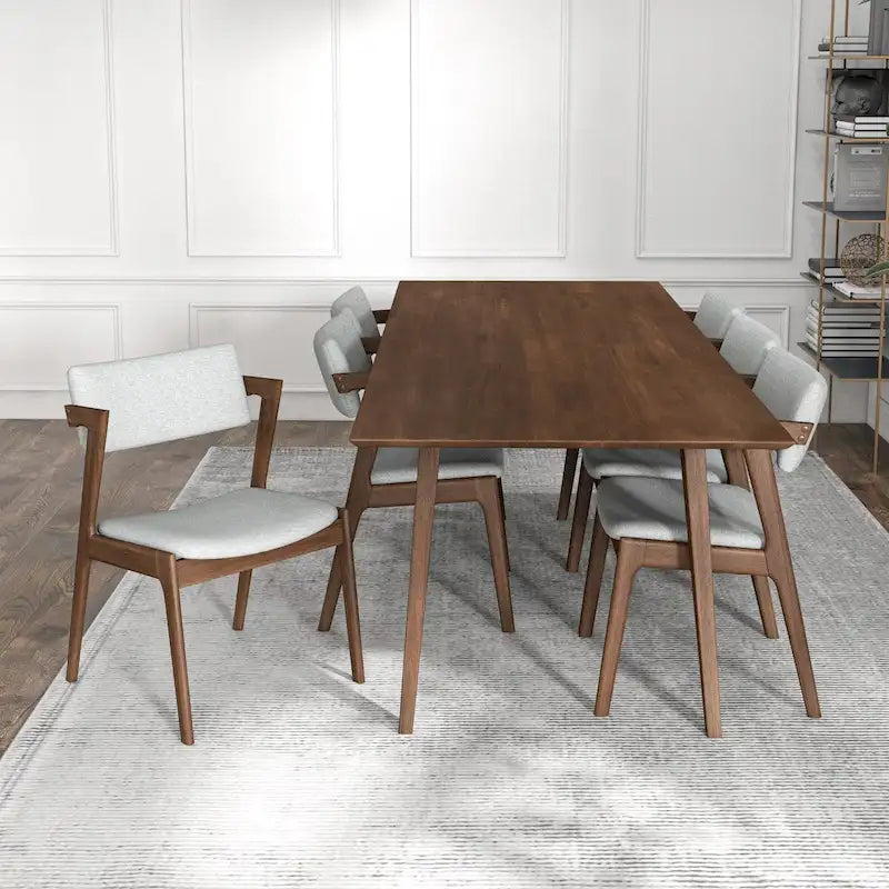 Ensemble de salle à manger Ayven 7 pièces en bois massif de style Mid-Century, brun noyer