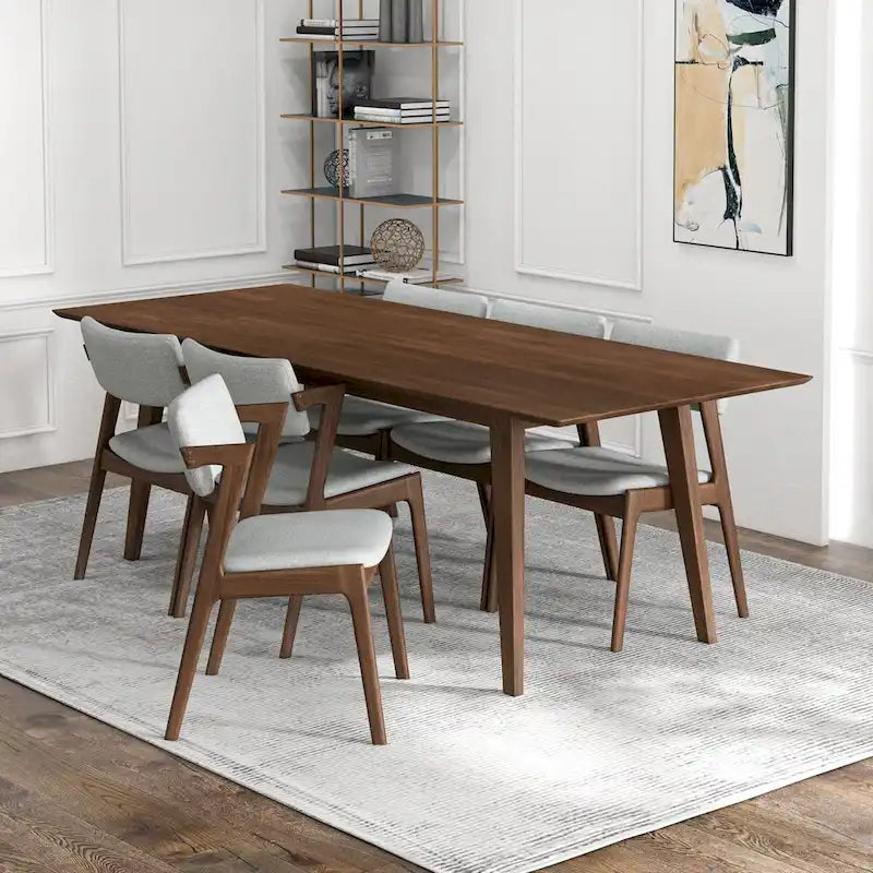 Ensemble de salle à manger Ayven 7 pièces en bois massif de style Mid-Century, brun noyer