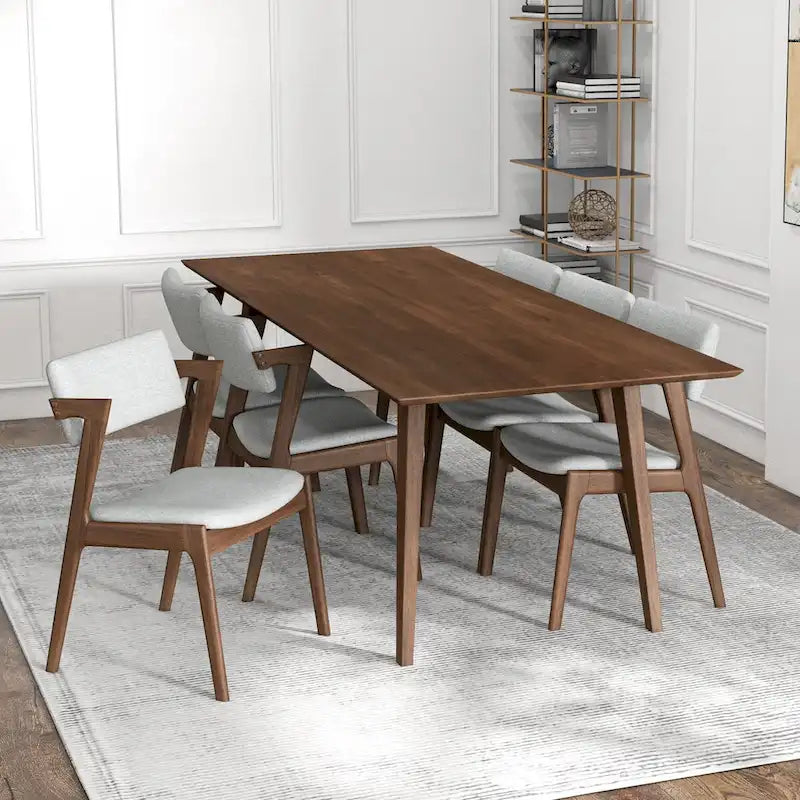 Ensemble de salle à manger Ayven 7 pièces en bois massif de style Mid-Century, brun noyer