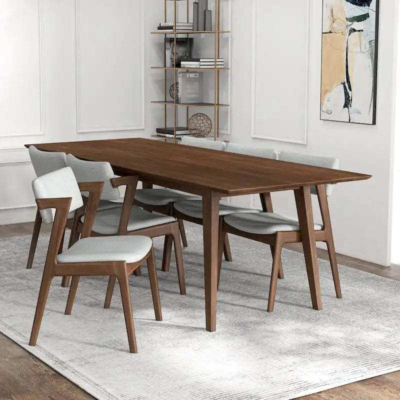 Ensemble de salle à manger Ayven 7 pièces en bois massif de style Mid-Century, brun noyer