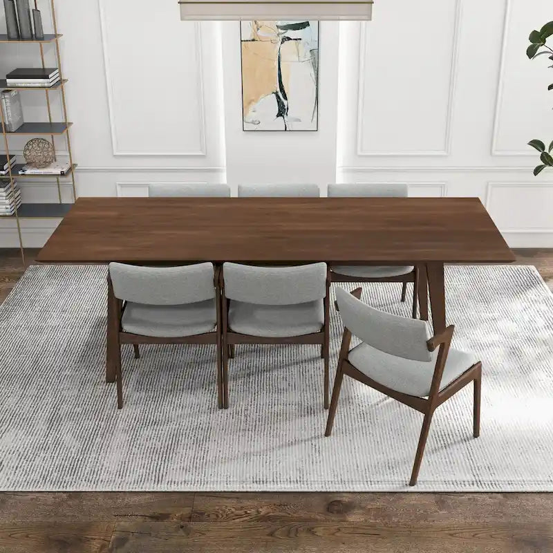 Ensemble de salle à manger Ayven 7 pièces en bois massif de style Mid-Century, brun noyer
