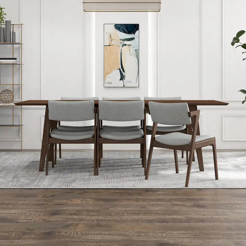 Ensemble de salle à manger Ayven 7 pièces en bois massif de style Mid-Century, brun noyer