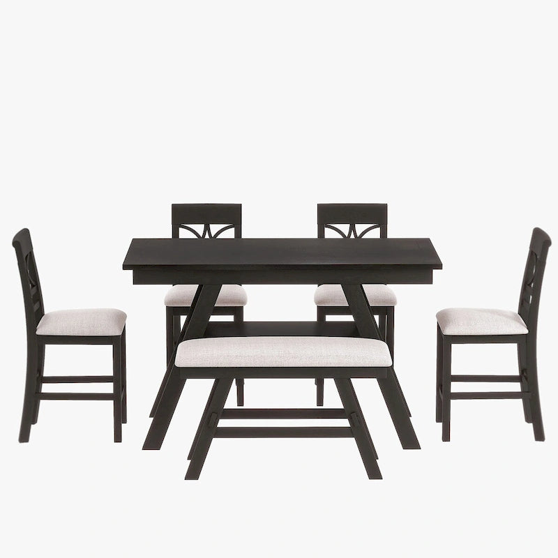 Ensemble de salle à manger 6 pièces à hauteur de comptoir avec étagère de rangement, banc et 4 chaises, expresso et beige