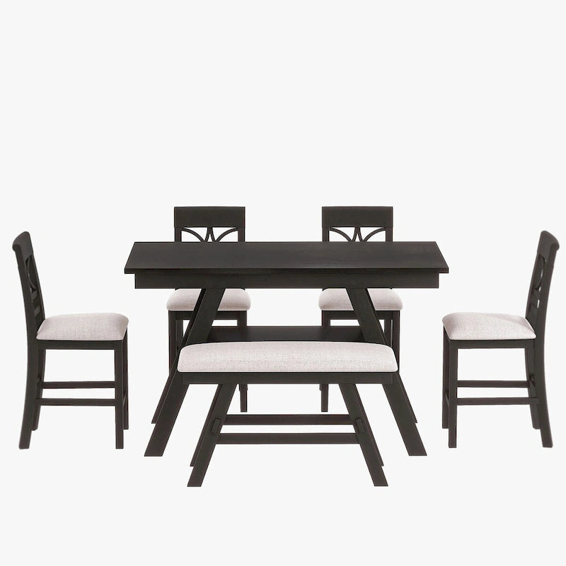 Ensemble de salle à manger 6 pièces à hauteur de comptoir avec étagère de rangement, banc et 4 chaises, expresso et beige