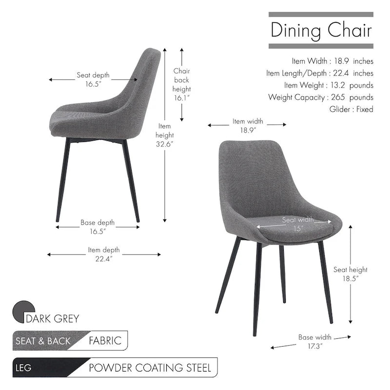 Chaises de salle à manger en tissu Orin de Porthos Home avec pieds en acier, lot de 2