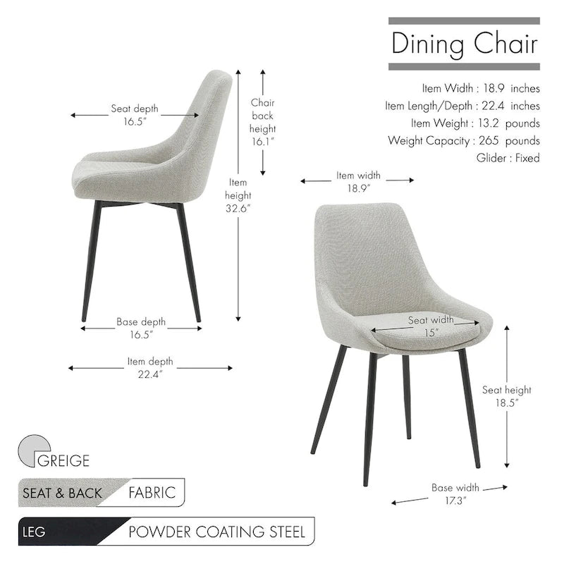 Chaises de salle à manger en tissu Orin de Porthos Home avec pieds en acier, lot de 2