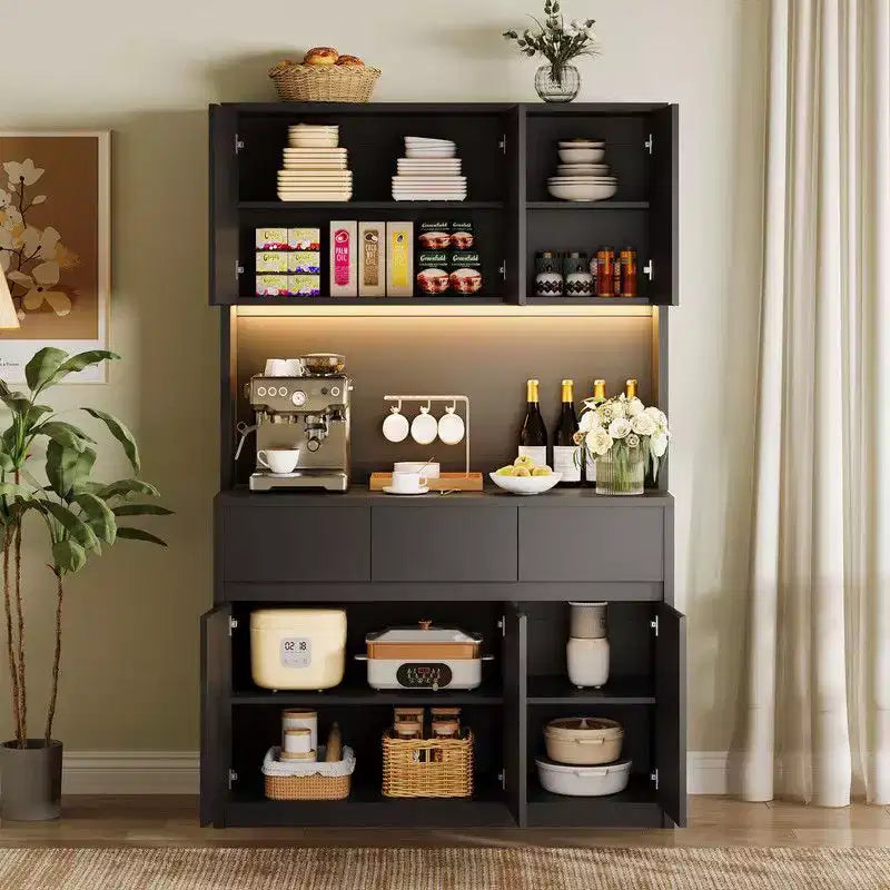 Armoire de cuisine de 71 pouces, vaisselier avec lumières LED et prises de courant, buffet avec support pour micro-ondes, étagères réglables