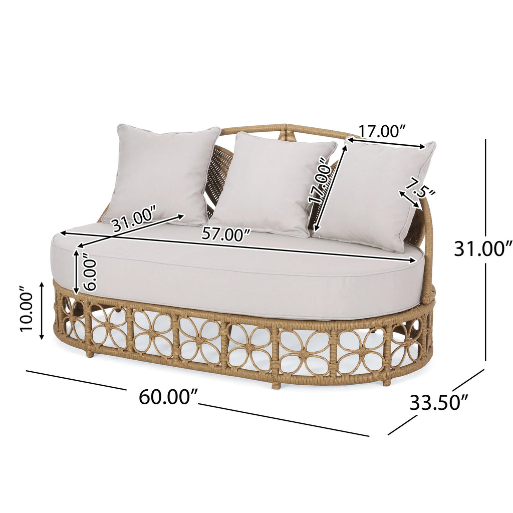 Canapé de jardin Homan en osier avec coussins, marron clair et beige