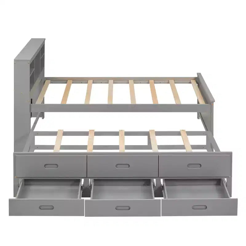 Lit plateforme avec lit gigogne et tiroirs, lit plateforme de rangement avec USB, lit plateforme en bois avec bibliothèque