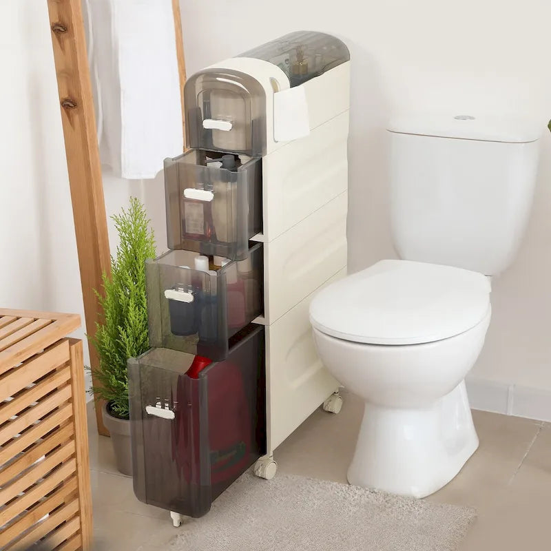 Meuble de rangement pour papier toilette à côté des toilettes pour petite salle de bain