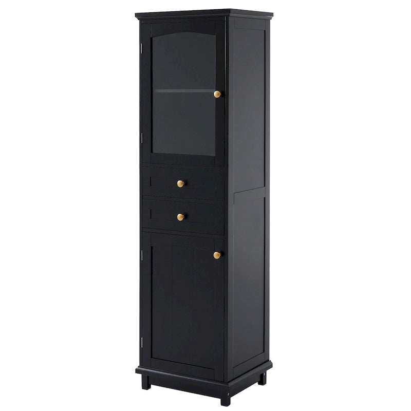 Meuble de rangement de salle de bain haut avec portes vitrées Armoire autonome avec deux tiroirs