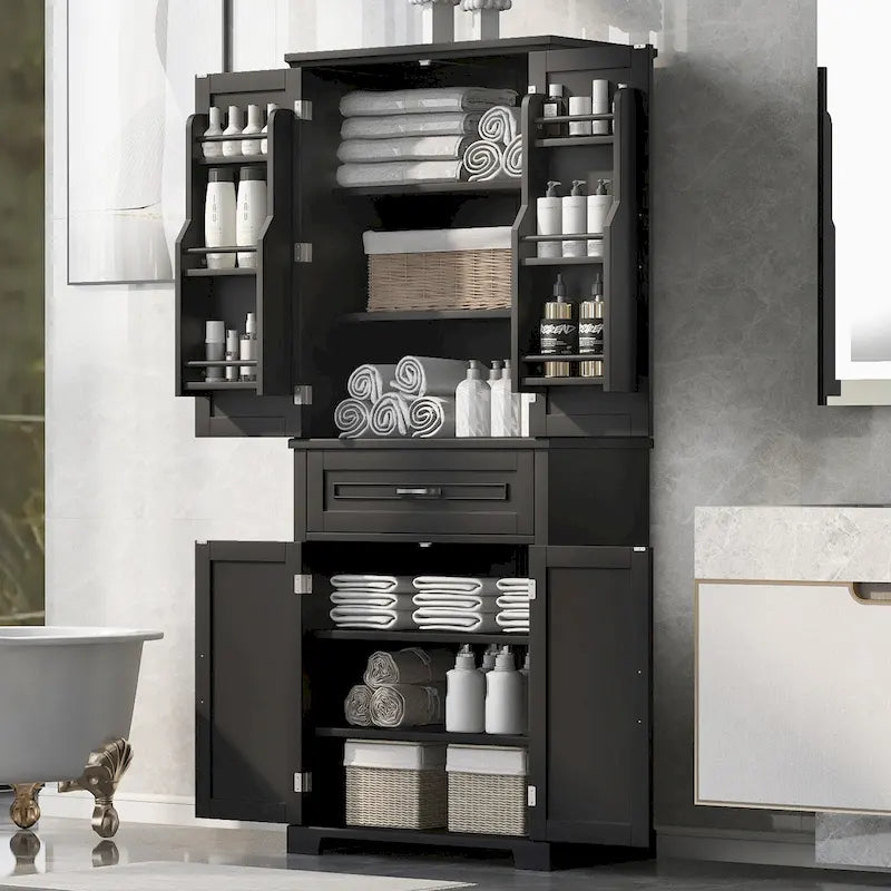 Meuble de rangement de salle de bain avec portes et tiroir, multiples espaces de rangement, étagère réglable, noir