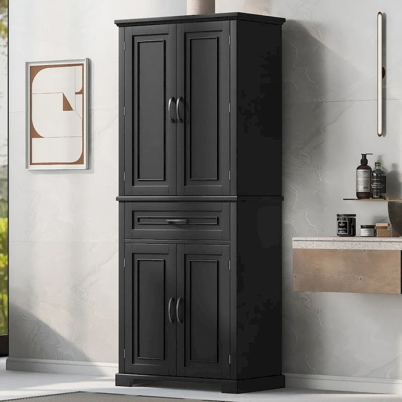 Meuble de rangement de salle de bain avec portes et tiroir, multiples espaces de rangement, étagère réglable, noir