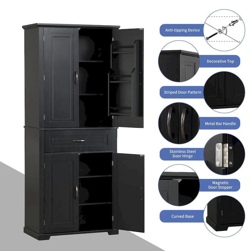 Meuble de rangement de salle de bain avec portes et tiroir, multiples espaces de rangement, étagère réglable, noir
