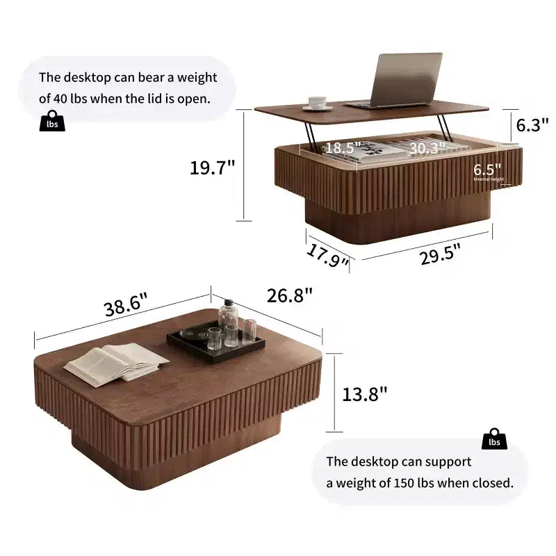 JVNOXK Table basse à plateau relevable cannelé de 98 cm avec rangement, placage bois massif, hauteur réglable, table d'appoint moderne pour salon, chambre, noyer