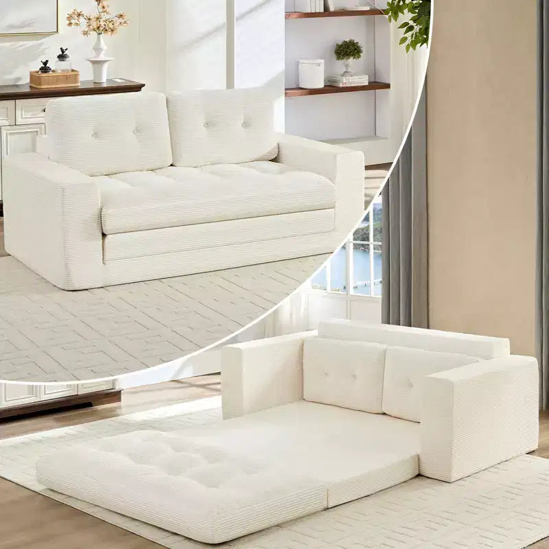 Mjkone Canapé-Lit Futon Convertible 2-en-1 180 cm, Canapé Deux Places Pliable en Tissu Côtelé avec Boutons Touffetés, Idéal pour Petits Espaces