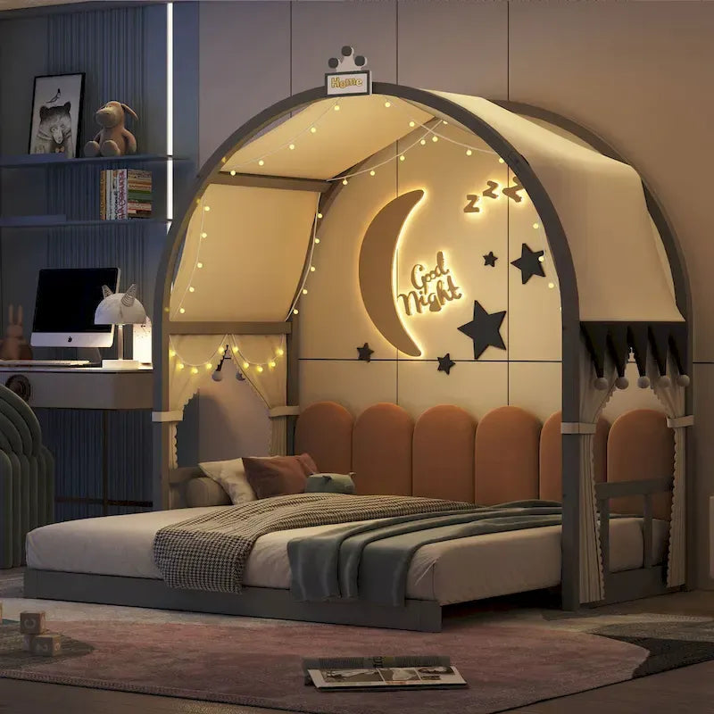 Lit cabane Montessori en bois massif avec plateforme, toit voûté et lit gigogne pour filles et garçons