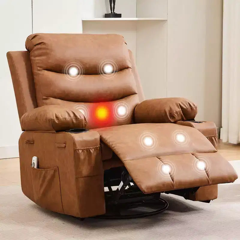 Fauteuil inclinable surdimensionné 360 pivotant et berçant avec massage et chaleur - Fauteuil de salon ergonomique avec porte-gobelets, poches latérales pour salon, chambre de bébé
