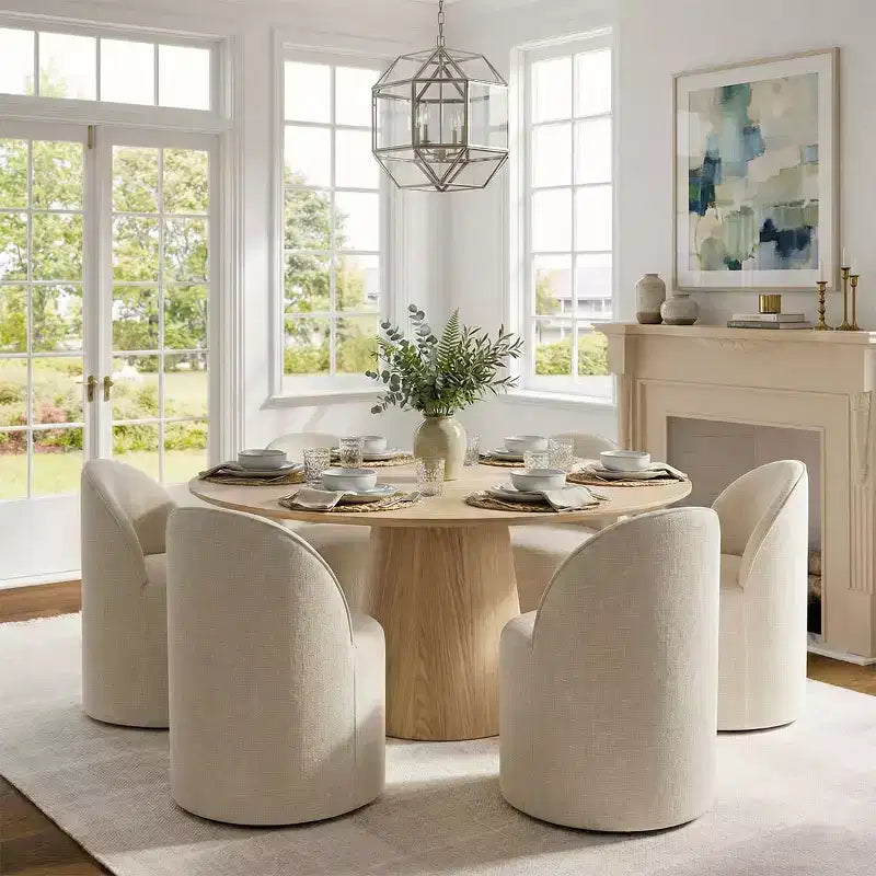 Ensemble de salle à manger moderne pour 6 personnes, table à manger ronde avec pied central, chaises de salle à manger pivotantes à roulettes, tissu chenille texturé - Panipeachy