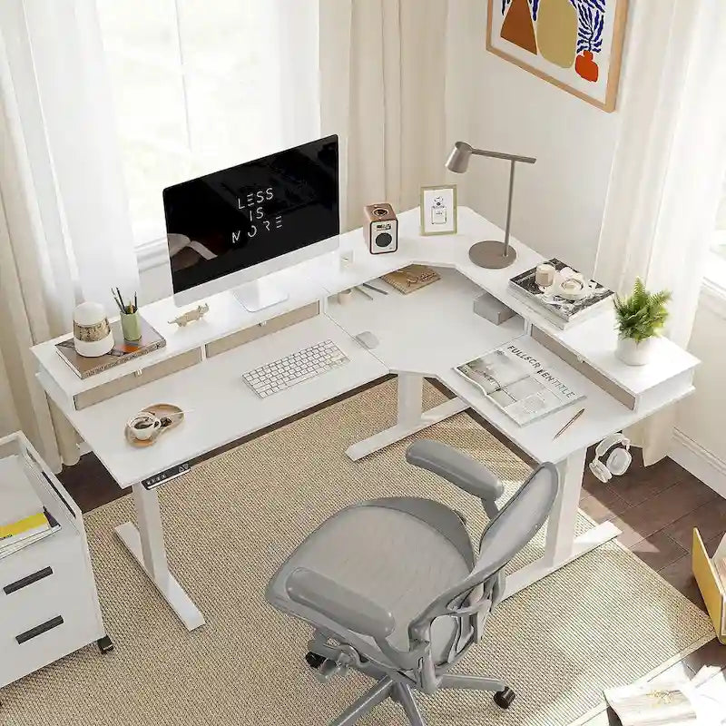 Bureau d'angle électrique debout avec 3 tiroirs et roulettes verrouillables, 160