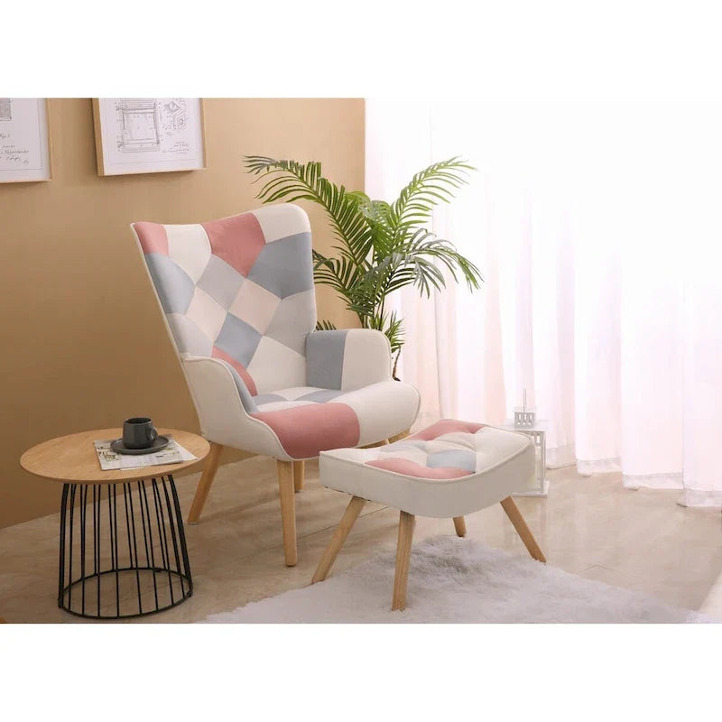 Fauteuil d'appoint avec pouf, ensemble fauteuil et pouf de salon, fauteuil d'appoint confortable pour chambre à coucher, surface en tissu à épissures créatives