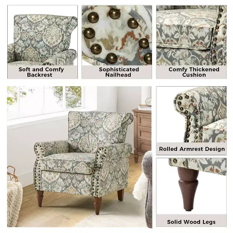 Fauteuil en bois traditionnel Araceli, rembourré à motifs floraux, avec dossier à oreilles et garniture cloutée | ART OF LIVING DESIGNS