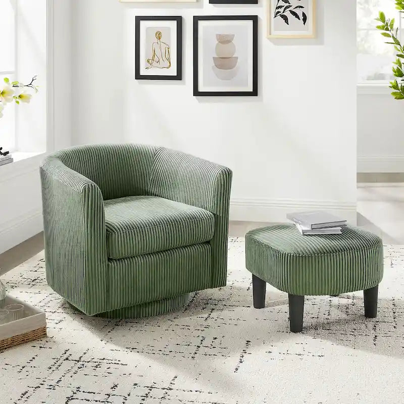 Fauteuil pivotant d'appoint en velours côtelé avec ottoman