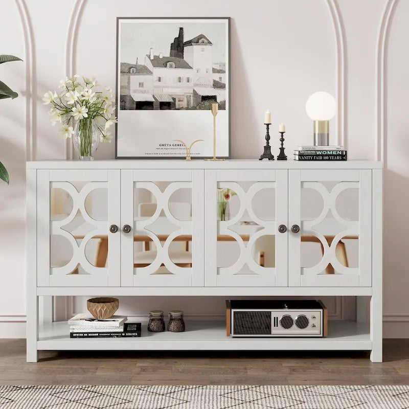 Console de table/Meuble de rangement/Buffet rétro élégant avec portes en miroir, étagères spacieuses et pieds durables en bois d'acacia