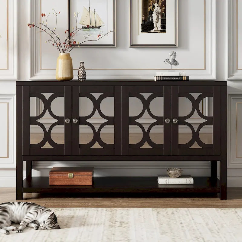 Console de table/Meuble de rangement/Buffet rétro élégant avec portes en miroir, étagères spacieuses et pieds durables en bois d'acacia