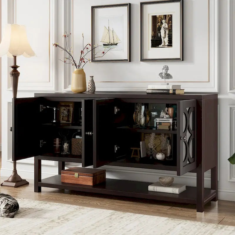 Console de table/Meuble de rangement/Buffet rétro élégant avec portes en miroir, étagères spacieuses et pieds durables en bois d'acacia