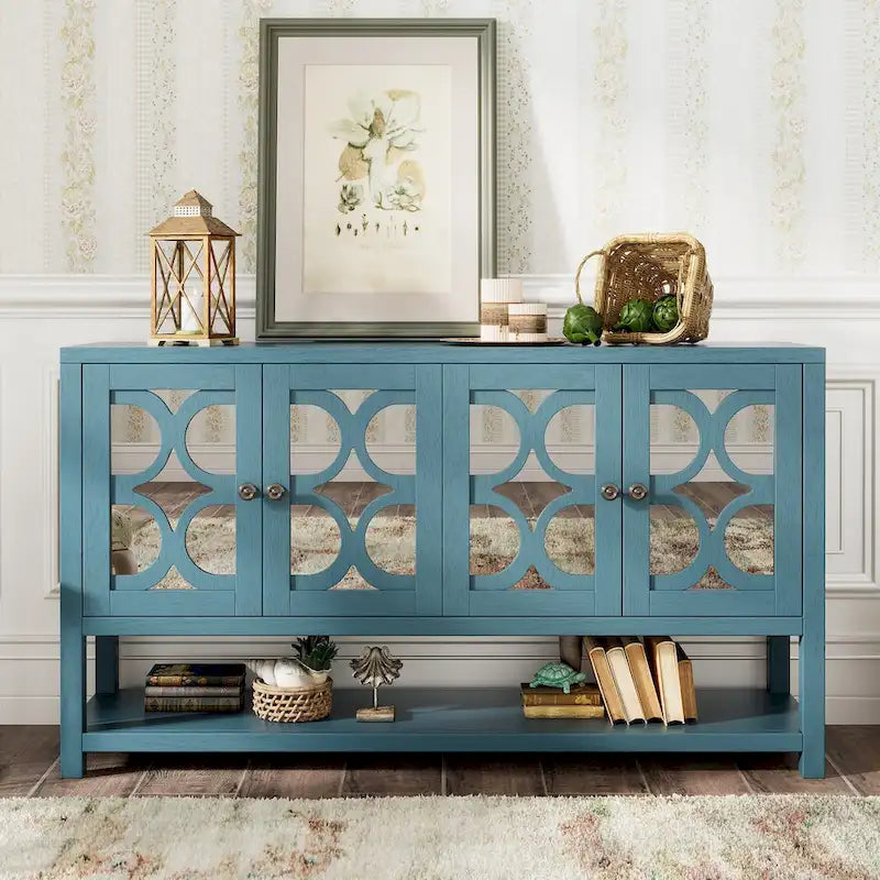 Console de table/Meuble de rangement/Buffet rétro élégant avec portes en miroir, étagères spacieuses et pieds durables en bois d'acacia