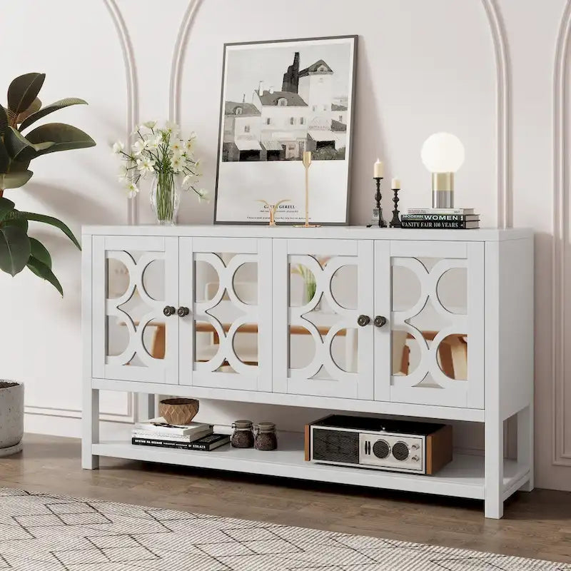 Console de table/Meuble de rangement/Buffet rétro élégant avec portes en miroir, étagères spacieuses et pieds durables en bois d'acacia